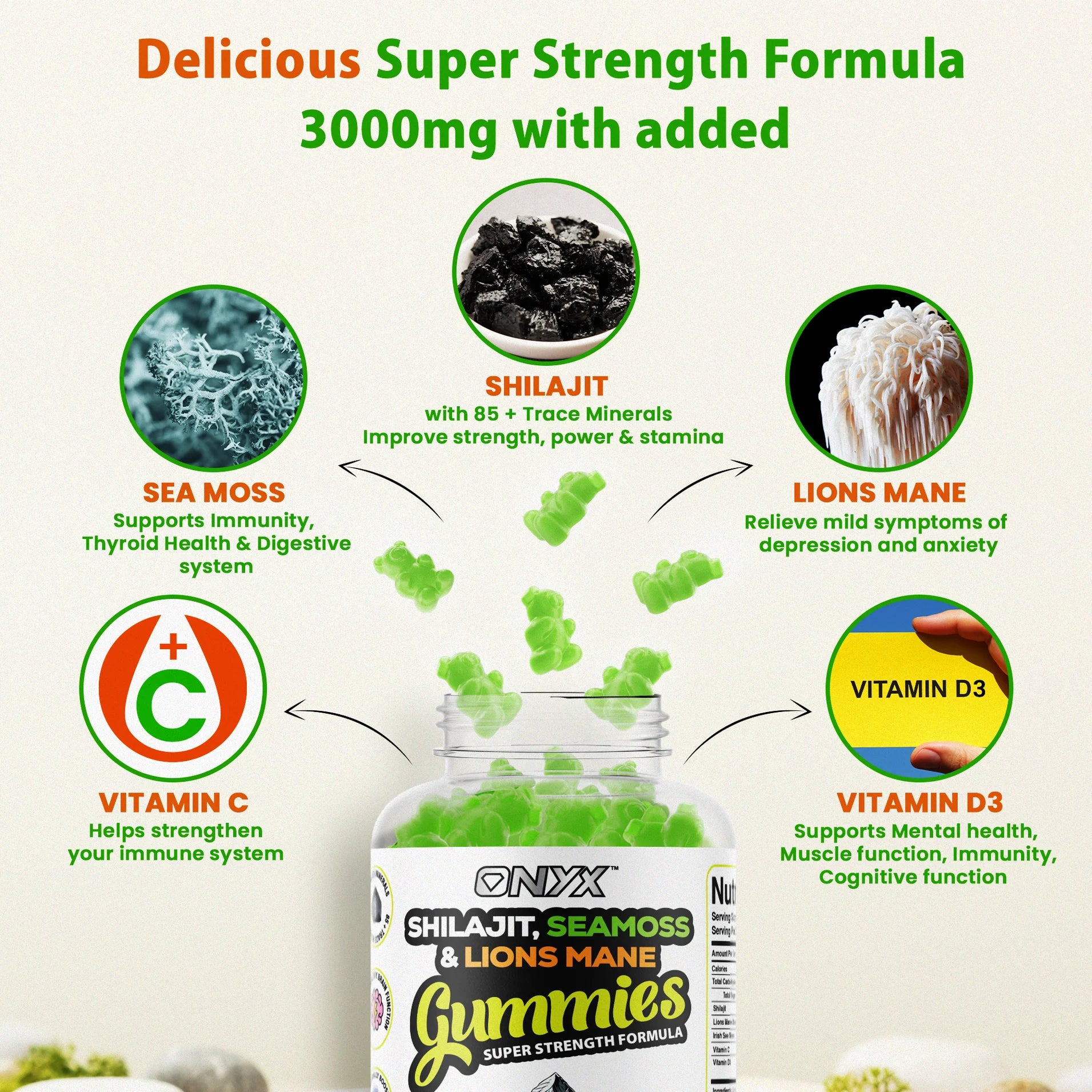 Shilajit, Sea Moss & Lions Mane Gummies.