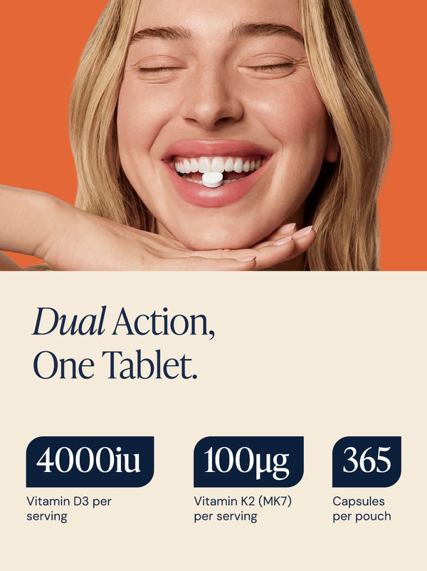 Onyx Nutra Vitamin D3 and K2 tablets with key benefits listed