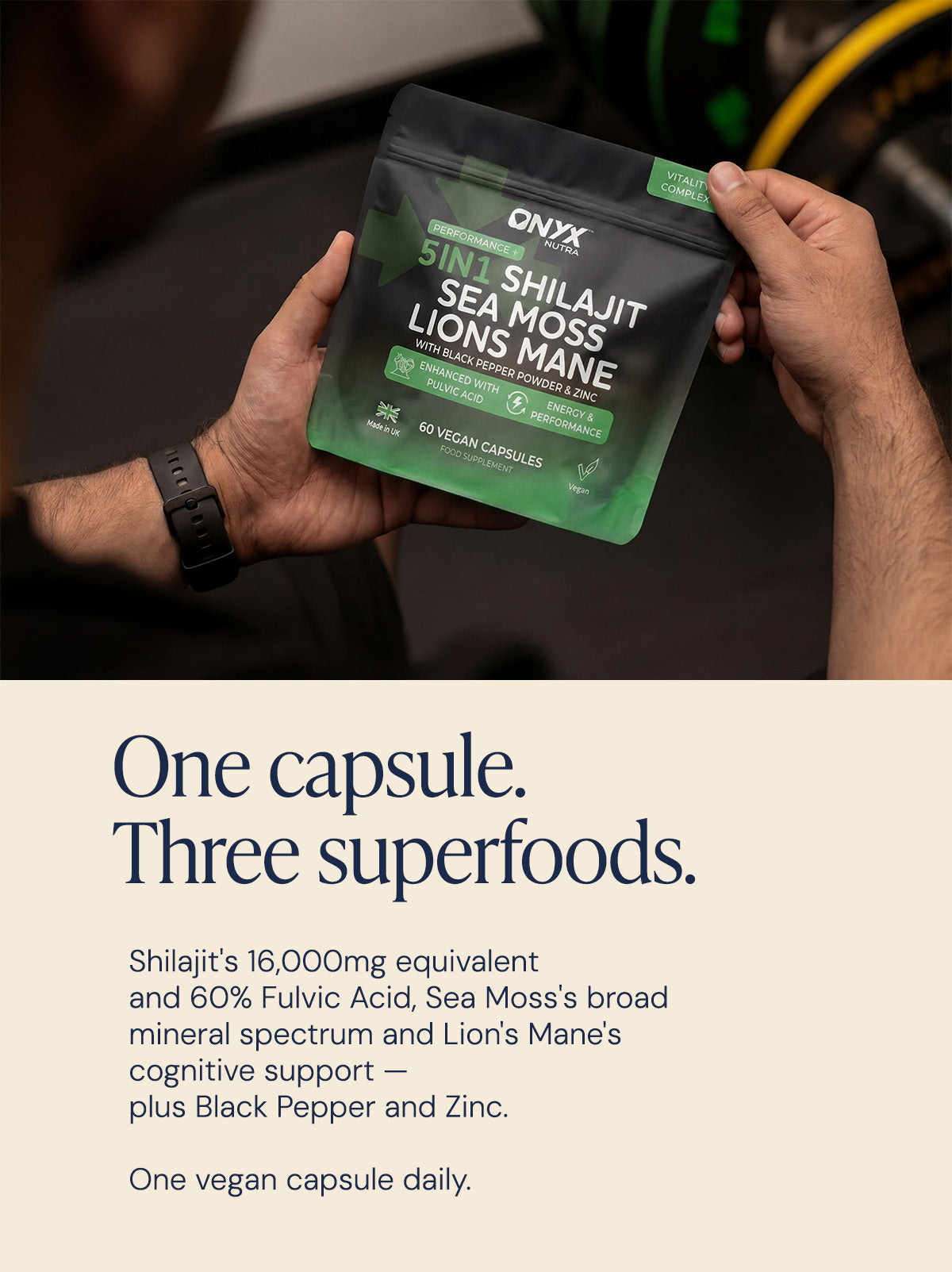 Onyx Nutra 5-in-1 Shilajit capsule held in hand with key figures