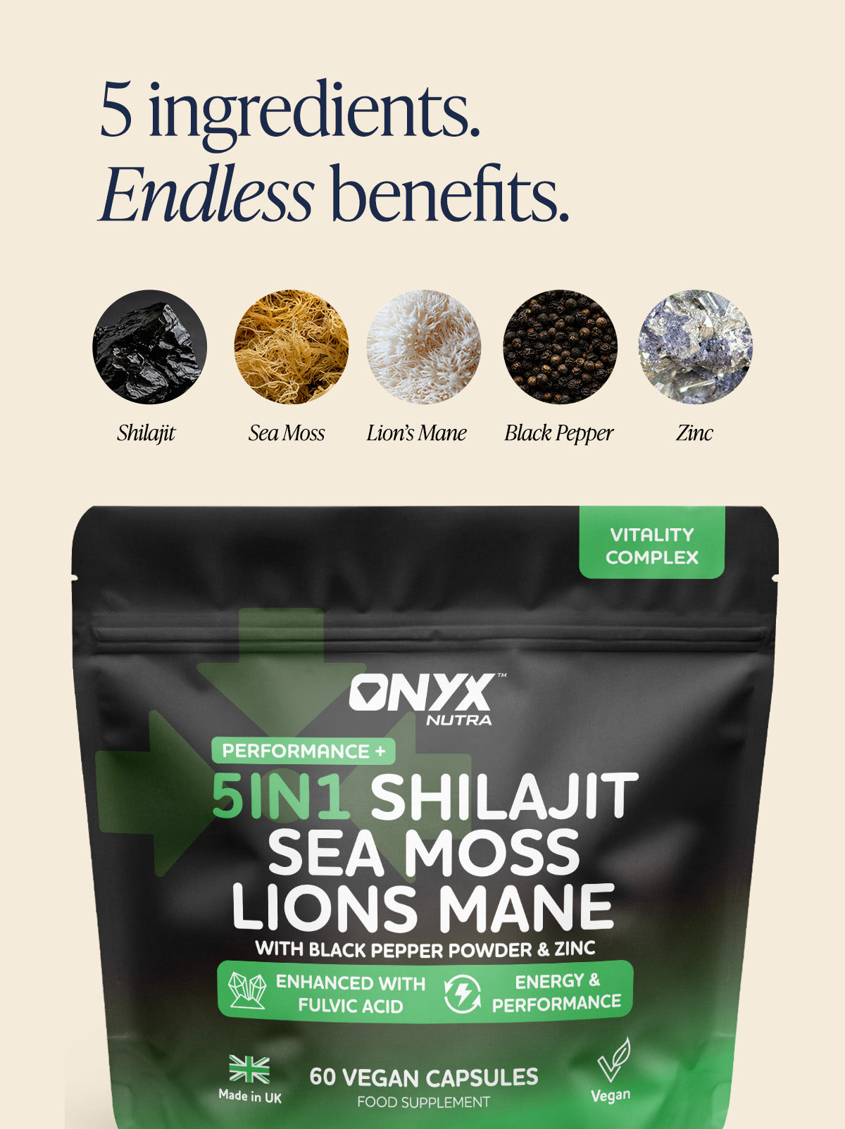 Onyx Nutra 5-in-1 Shilajit pouch with feature breakdown