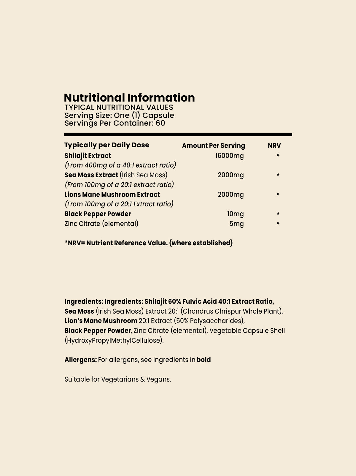Onyx Nutra 5-in-1 Shilajit nutritional information and ingredients panel